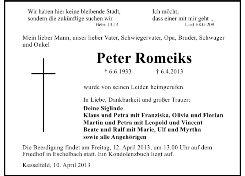  Traueranzeige für Peter Romeiks vom 10.04.2013 aus 
