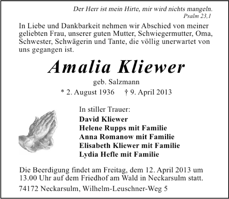  Traueranzeige für Amalia Kliewer vom 11.04.2013 aus 