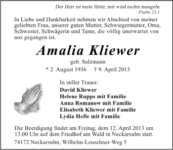 Traueranzeige von Amalia Kliewer 