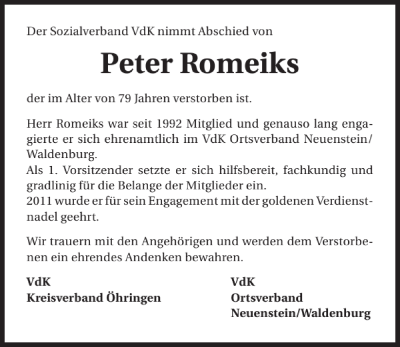  Traueranzeige für Peter Romeiks vom 12.04.2013 aus 