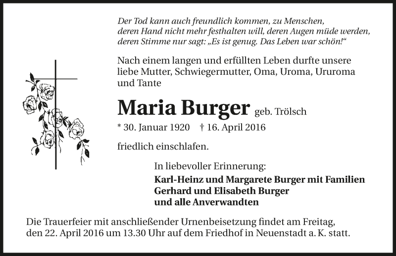  Traueranzeige für Maria Burger vom 20.04.2016 aus 