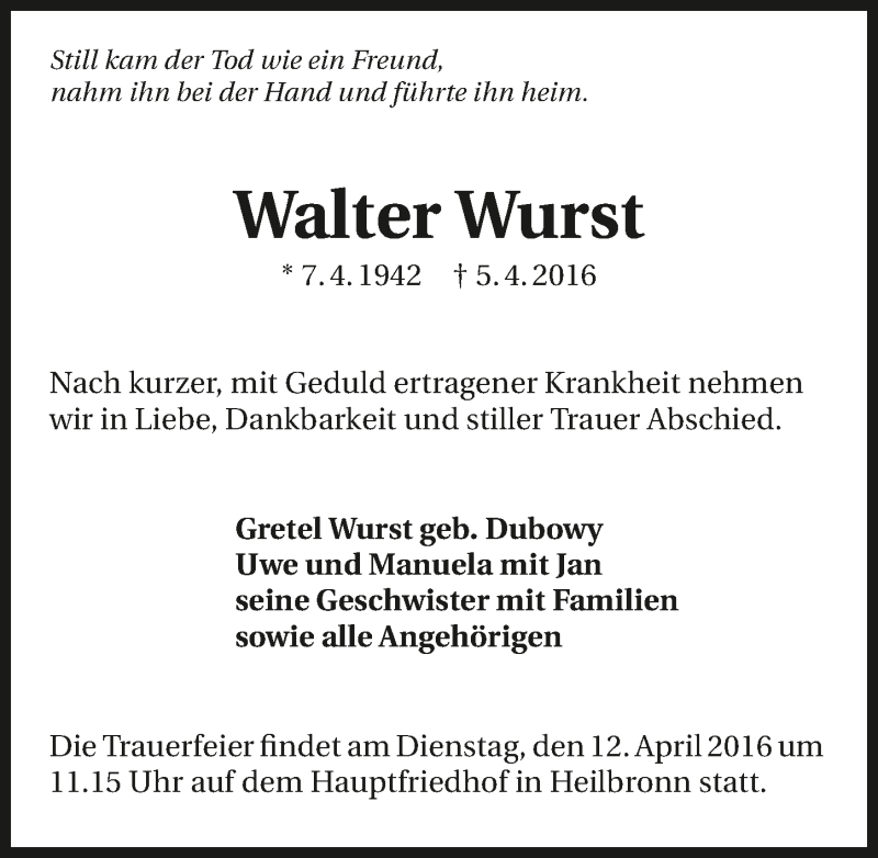  Traueranzeige für Walter Wurst vom 08.04.2016 aus 