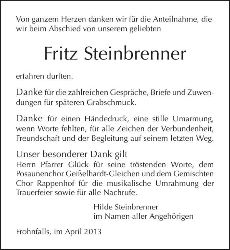  Traueranzeige für Fritz Steinbrenner vom 13.04.2013 aus 
