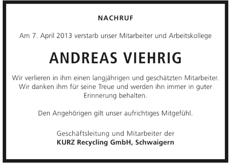  Traueranzeige für Andreas Viehrig vom 13.04.2013 aus 