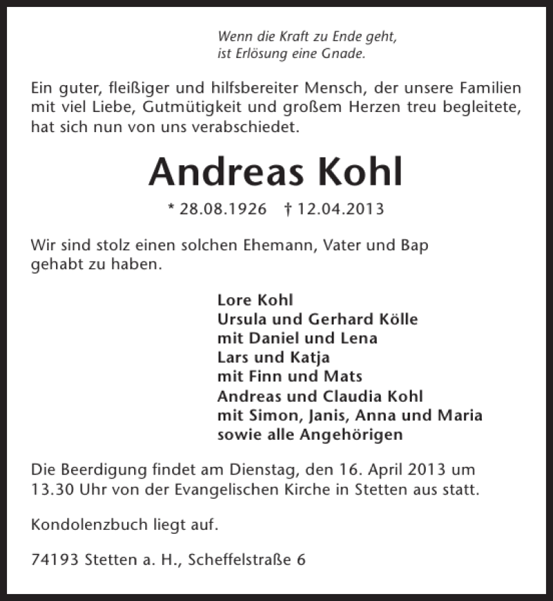  Traueranzeige für Andreas Kohl vom 13.04.2013 aus 