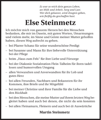 Traueranzeige von Else Steinmetz 