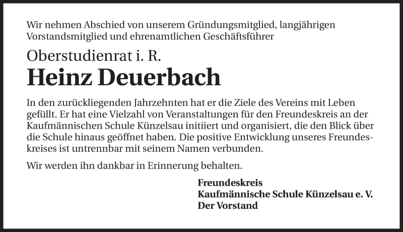  Traueranzeige für Heinz Deuerbach vom 12.02.2015 aus 