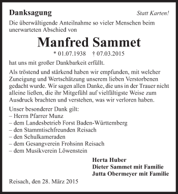 Traueranzeige von Manfred Sammet 