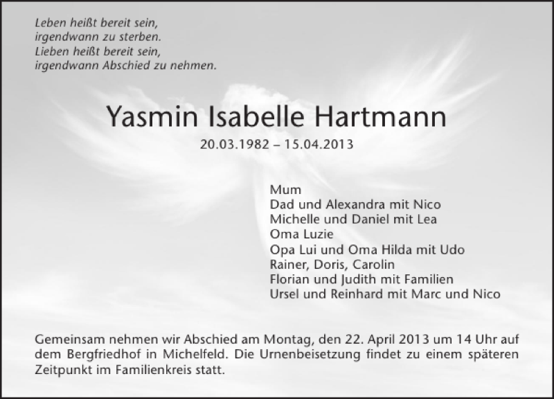  Traueranzeige für Yasmin Isabelle Hartmann vom 18.04.2013 aus 