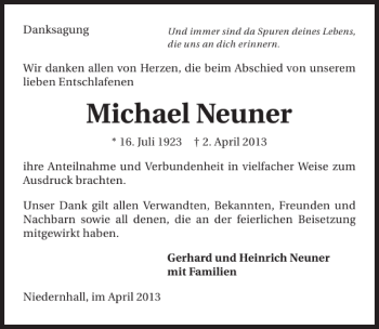 Traueranzeige von Michael Neuner 