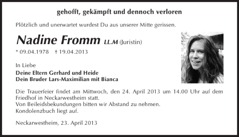  Traueranzeige für Nadine Fromm vom 23.04.2013 aus 