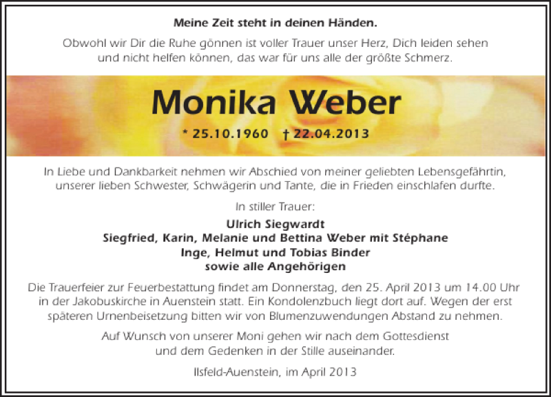  Traueranzeige für Monika Weber vom 23.04.2013 aus 