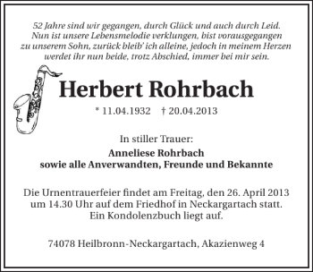 Traueranzeige von Herbert Rohrbach 