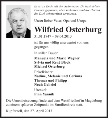 Traueranzeige von Wilfried Osterburg 