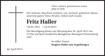 Traueranzeige von Fritz Haller 