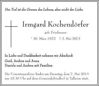 Traueranzeige von Irmgard Kochendörfer 