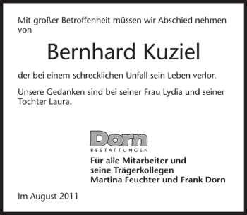 Traueranzeige von Bernhard Kuziel 