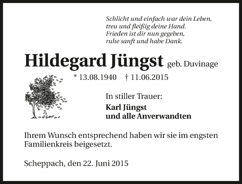  Traueranzeige für Hildegard Jüngst vom 22.06.2015 aus 