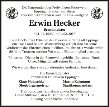Traueranzeige von Erwin Hecker 