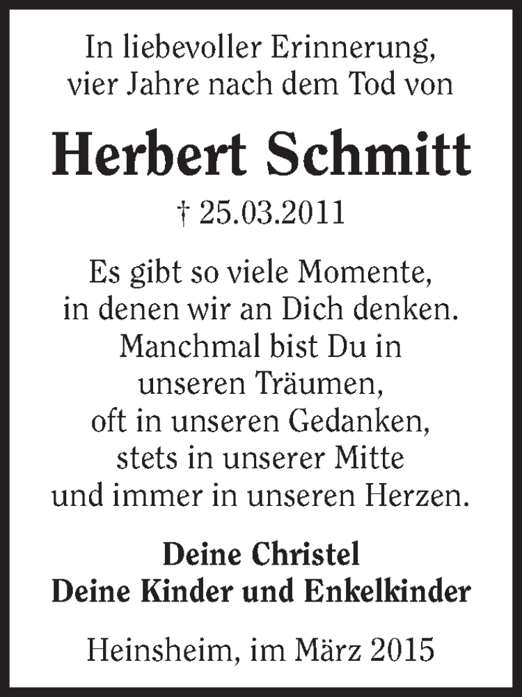  Traueranzeige für Herbert Schmitt vom 25.03.2015 aus 