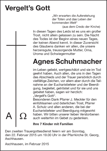 Traueranzeige von Agnes Schuhmacher 