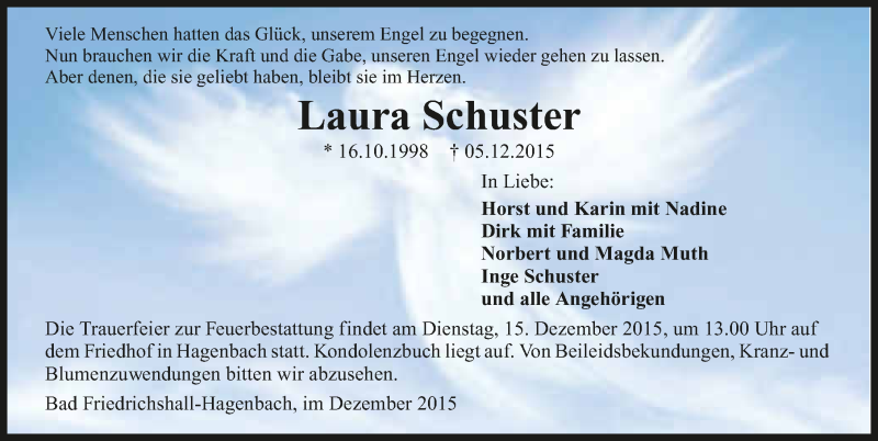  Traueranzeige für Laura Schuster vom 11.12.2015 aus 