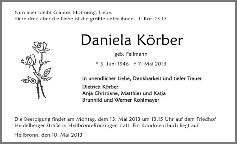  Traueranzeige für Daniela Körber vom 10.05.2013 aus 