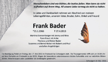 Traueranzeige von Frank Bader 