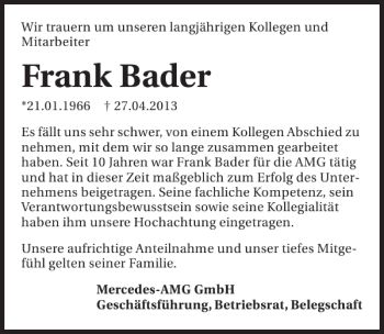 Traueranzeige von Frank Bader 