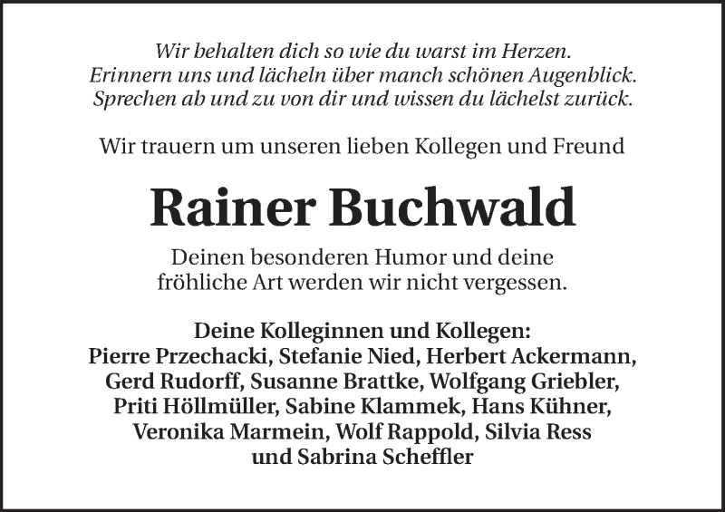  Traueranzeige für Rainer Buchwald vom 31.12.2014 aus 