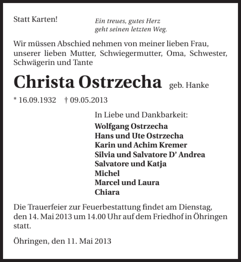  Traueranzeige für Christa geb. Hanke Ostrzecha vom 11.05.2013 aus 