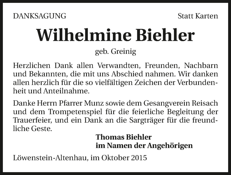  Traueranzeige für Wilhelmine Biehler vom 08.10.2015 aus 