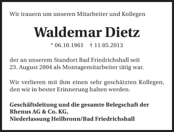 Traueranzeige von Waldemar Dietz 