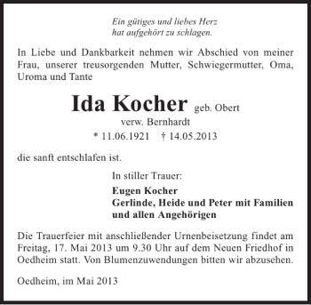 Traueranzeige von Ida Kocher 