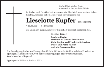 Traueranzeige von Lieselotte Kupfer 