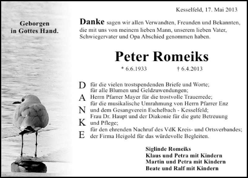  Traueranzeige für Peter Romeiks vom 17.05.2013 aus 