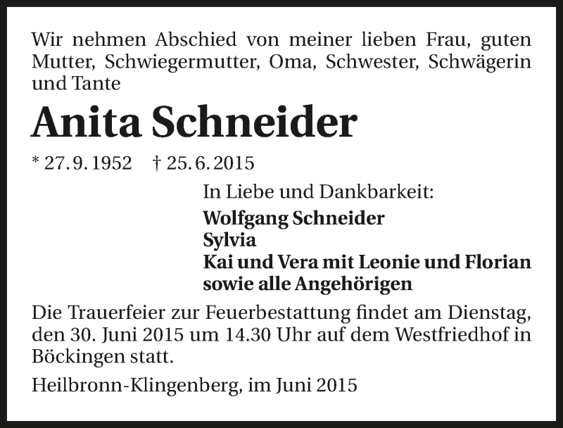  Traueranzeige für Anita Schneider vom 27.06.2015 aus 