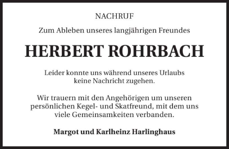  Traueranzeige für Herbert Rohrbach vom 18.05.2013 aus 