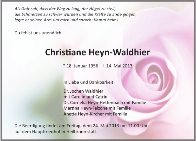  Traueranzeige für Christiane Heyn-Waldhier vom 18.05.2013 aus 