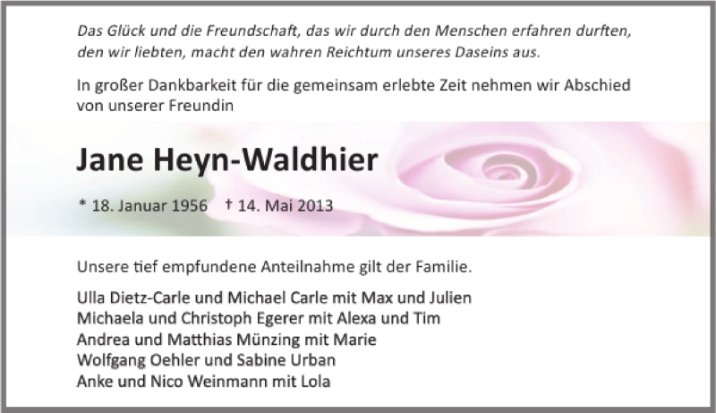  Traueranzeige für Christiane Heyn-Waldhier vom 18.05.2013 aus 