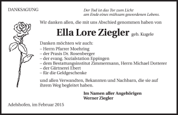Traueranzeige von Ella Lore Ziegler 