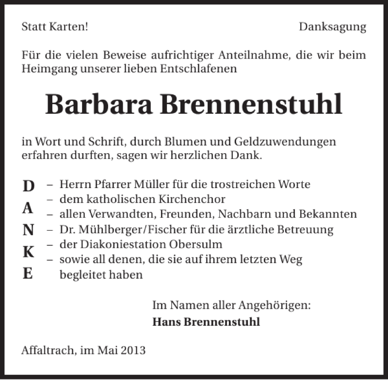  Traueranzeige für Barbara Brennenstuhl vom 21.05.2013 aus 