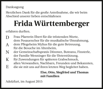 Traueranzeige von Frida Württemberger 