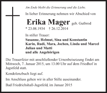 Traueranzeige von Erika Mager 