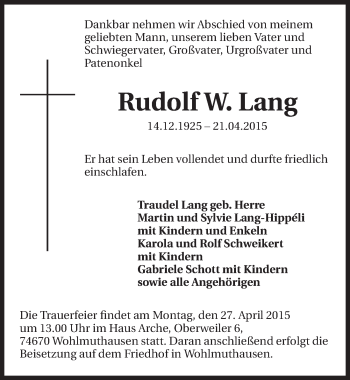 Traueranzeige von Rudolf Lang 