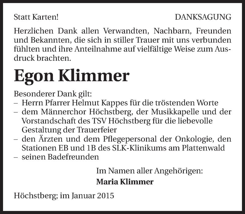  Traueranzeige für Egon Klimmer vom 24.01.2015 aus 