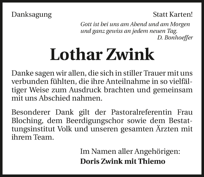  Traueranzeige für Lothar Zwink vom 05.08.2015 aus 