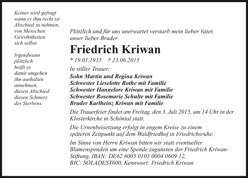  Traueranzeige für Friedrich Kriwan vom 30.06.2015 aus 