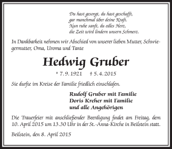 Traueranzeige von Hedwig Gruber 