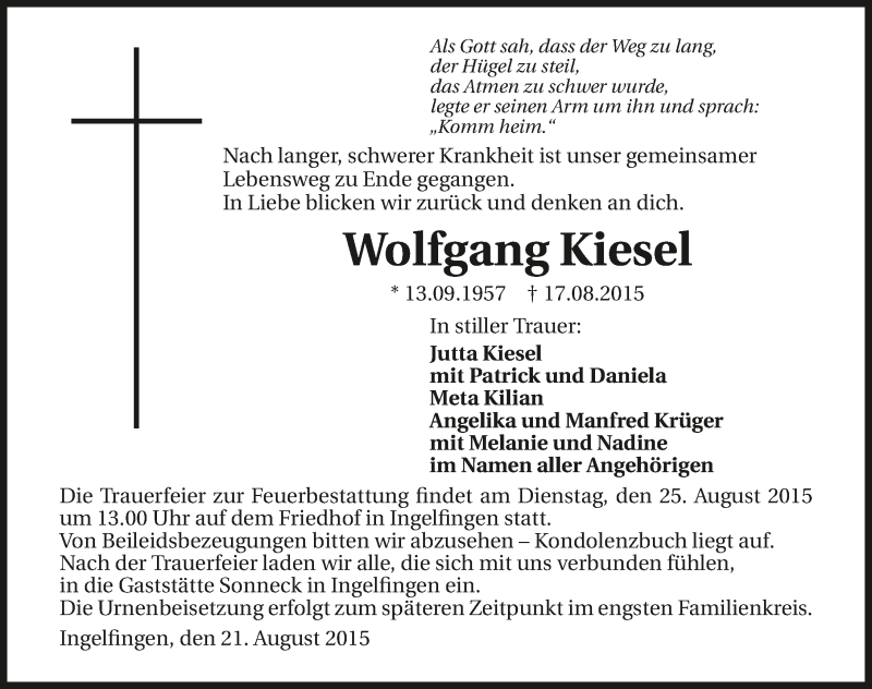  Traueranzeige für Wolfgang Kiesel vom 21.08.2015 aus 